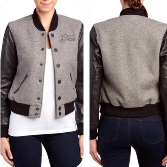 True Religion Black Gray Bomber Jacket Size XS - Picture 9 of 9